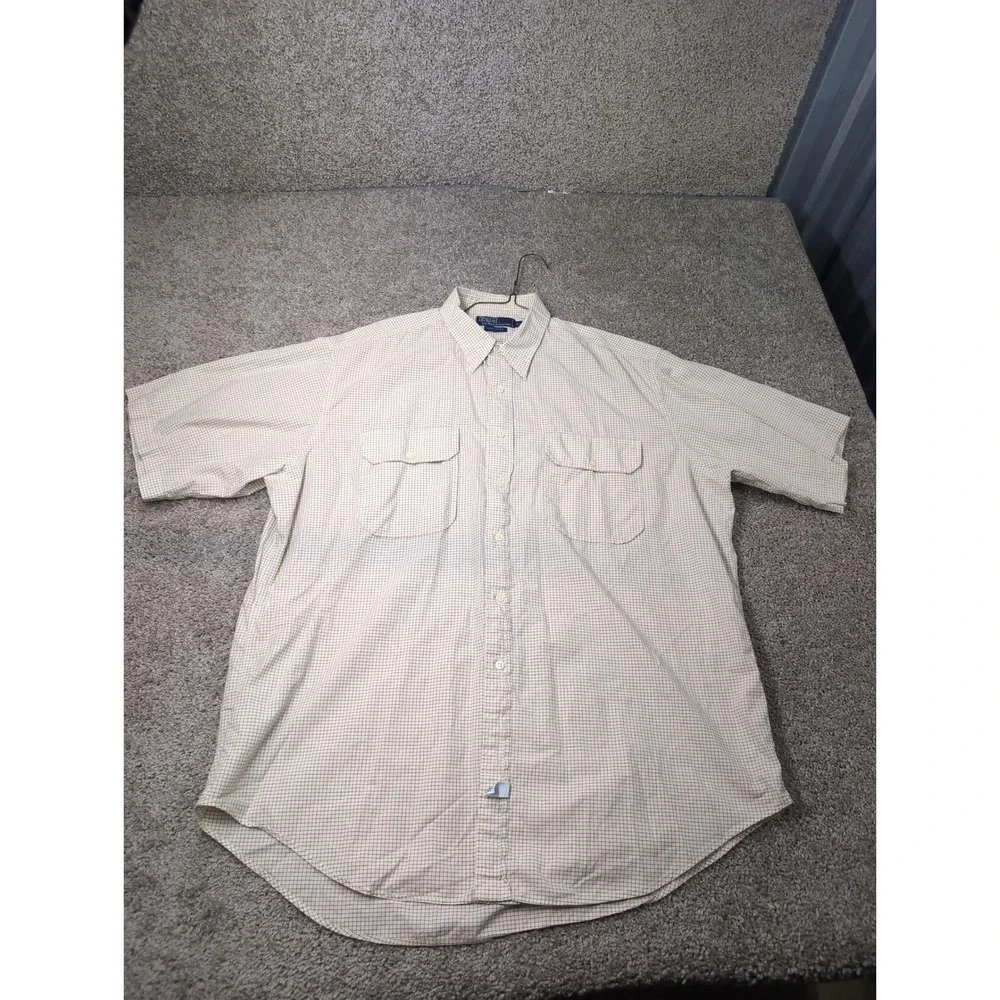 Polo Ralph Lauren Mens XL Short Sleeve Button Down Shirt Tan Brown Check Cotton